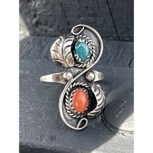 Vintage Sterling Silver Navajo Turquoise & Coral Ring - Leaf Design Native 6.75